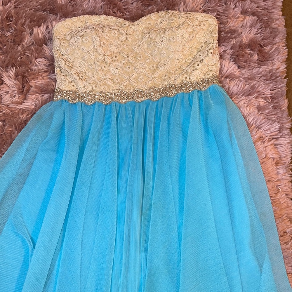 Turquoise strapless gold bling dress